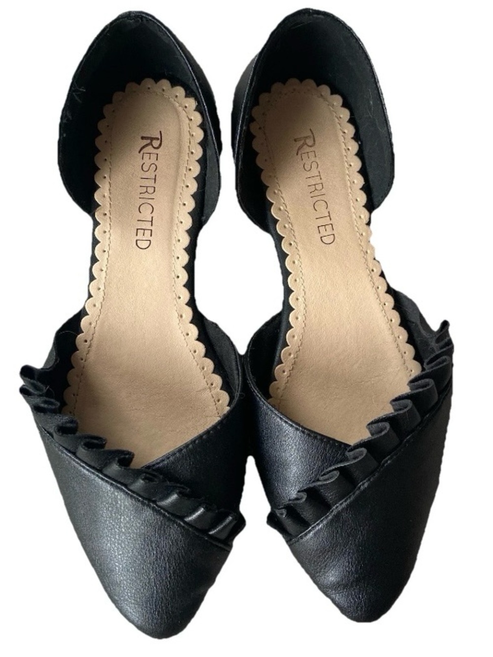 Restricted Black Pointed Toe D'Orsay Ruffle Flats - Size 7.5